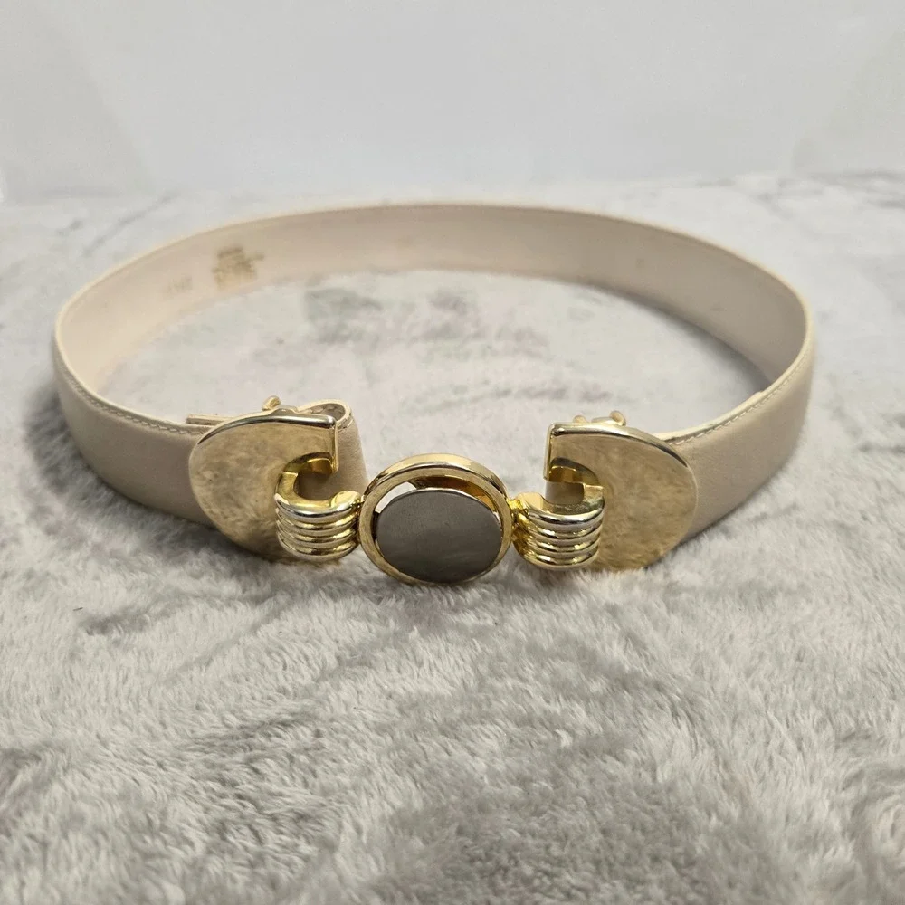 Dame Belt & Bag Cream Leather Vintage Mixed Metal Buckle Belt 25160 SM